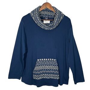 Chaps Cabin Knit Top Women Size 1X‎ Blue Cowl Neck Long Sleeve Kangaroo Pockets